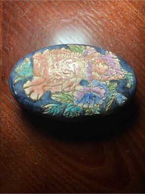 Vintage Hand-Painted Floral Oval Trinket Box - Blue & Pink